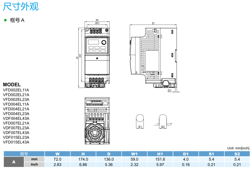 400W變頻器 VFD004EL21A的尺寸外觀