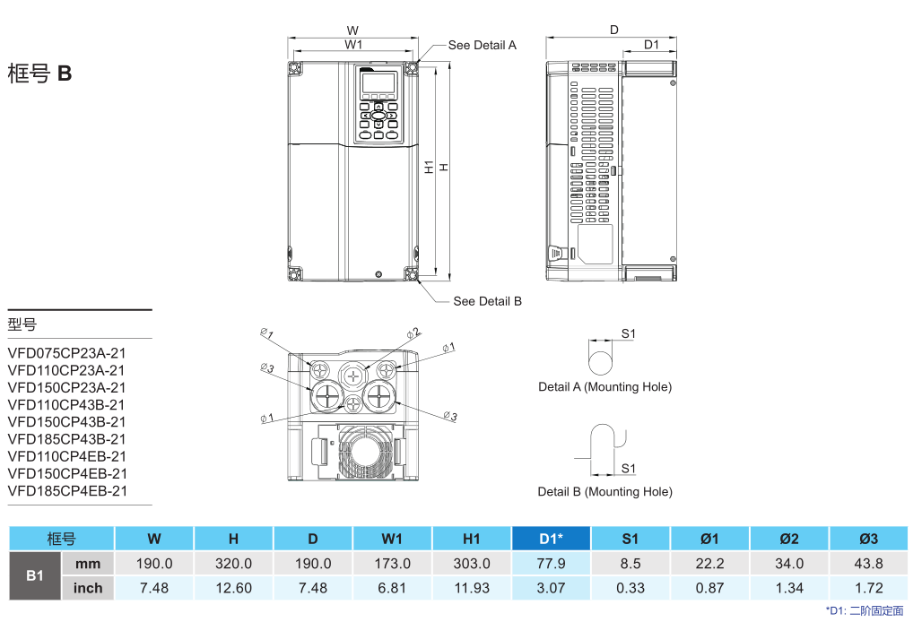 11kW臺達變頻器VFD110CP43B-21的安裝尺寸