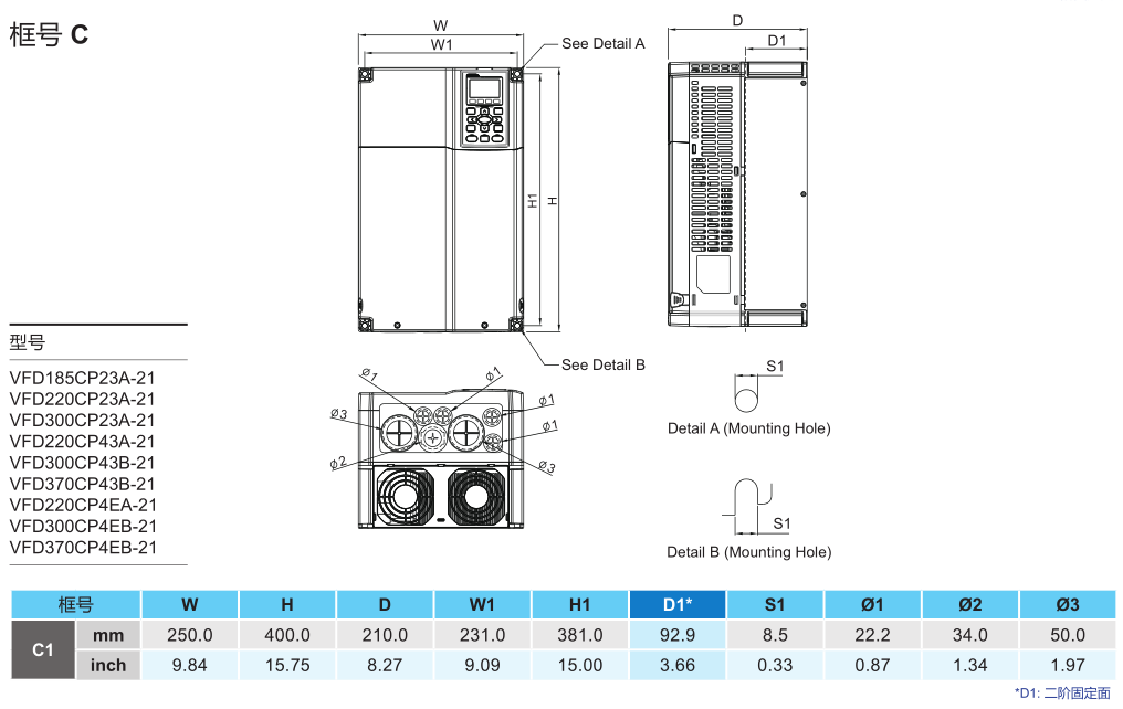 37kW臺達變頻器VFD370CP43B-21的安裝尺寸